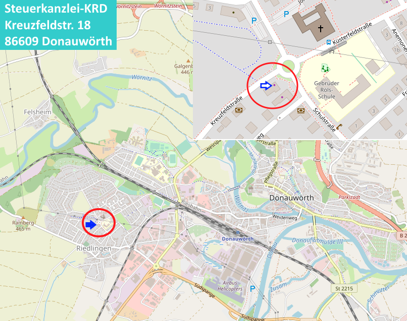 Lageplan: Kreuzfeldstraße 18 in Donauwörth-Riedlingen, nahe der Gebrüder-Röls-Schule